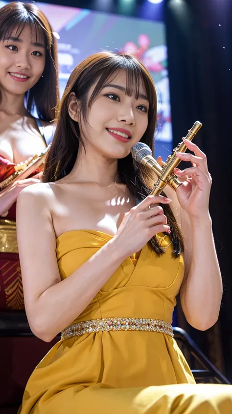 ((Half Japan and half Spanish, The most beautiful idol face in Japan,Perfect smile looking at the camera,25-years old,Perfect face,Playing the flute,Turn to this,View here,Stand on stage in the concert hall,Play gracefully,On the stage of the concert hall,...