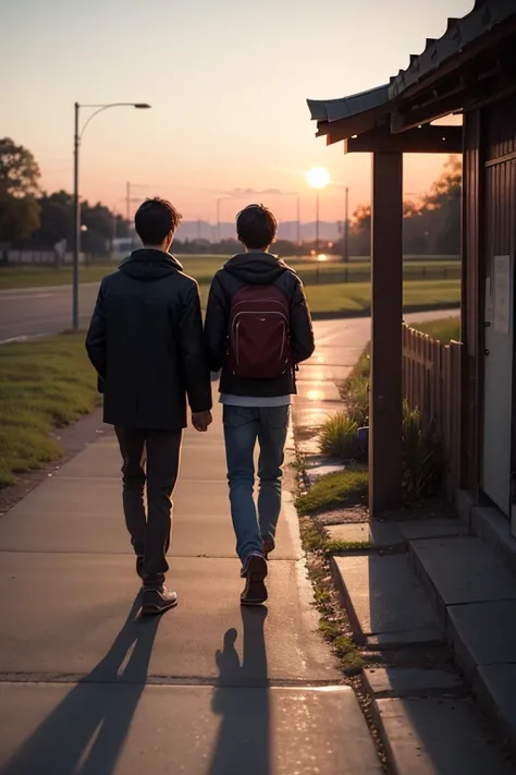 make a cover for a story titled : "The path to happiness" In a semi-dusk with boys and girls walking, others standing seen from behind 