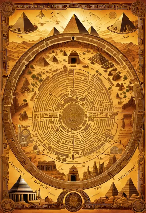 "A treasure map showing the ruins of an ancient civilization. The map shows deserts, pyramids, oases, and the entrance to an underground labyrinth. Ancient symbols and signs are scattered around the map, providing clues to the location of hidden treasure. ...