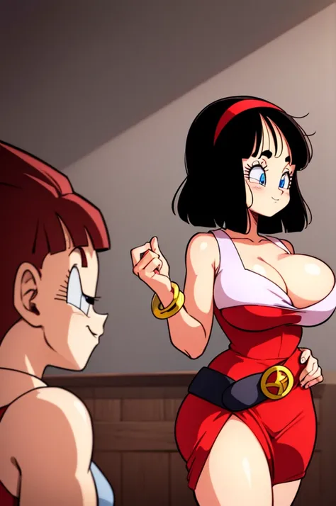 ultra detailed, masterpiece, best quality, solo, soft smile, light smile, Videl, Dragon Ball,
hairband, short hair, red hairband, bangs, sleeveless, dress, jewelry, belt, red dress, braceletblue eyes, colored eyelashes, eyelashes, black hair, , big breast,...