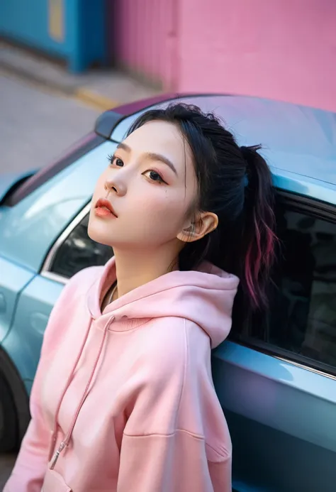 High angle shot of a beautiful young woman in cyberpunk style, Realistic skin texture, Look up;Inquire,Pink sweatshirt,Pose in the car, 1 / 2 Body cutting, 8 5mm art lens, 1. 2, Clear focus, 8K HD, Extremely detailed, complex, elegant, Liu Zhiwei and the A...