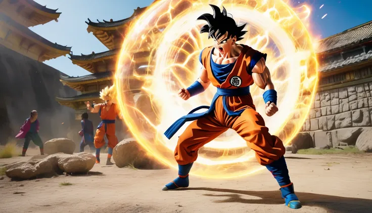 ultra-detailed, highres, HDR, realistic, Dragon Ball Super, action-packed, vibrant colors, powerful energy beams, dynamic fighting scenes, iconic characters, Super Saiyan transformations, intense battles, epic confrontations, explosive powers, cinematic ar...