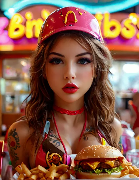 a cute woman working at a fast food restaurant called 'bimbos', all the food items have a boob theme, the restaurant staff are w...