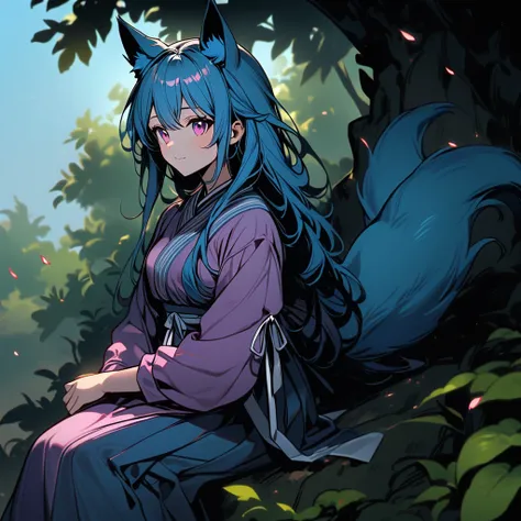 (good job:1 woman, fox ears, fox tail, 하늘색 fox ears, 하늘색 fox tail,hair down to the middle of the back, light blue hair, He wears a white ribbon in his hair., pink eyes, Sky blue hanbok, sitting on a rock in the forest