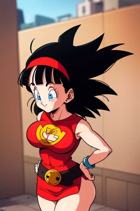 ultra detailed, masterpiece, best quality, solo, soft smile, light smile, Videl, Dragon Ball,
hairband, short hair, red hairband, bangs, sleeveless, dress, jewelry, belt, red dress, braceletblue eyes, colored eyelashes, eyelashes, black hair, , big breast,...