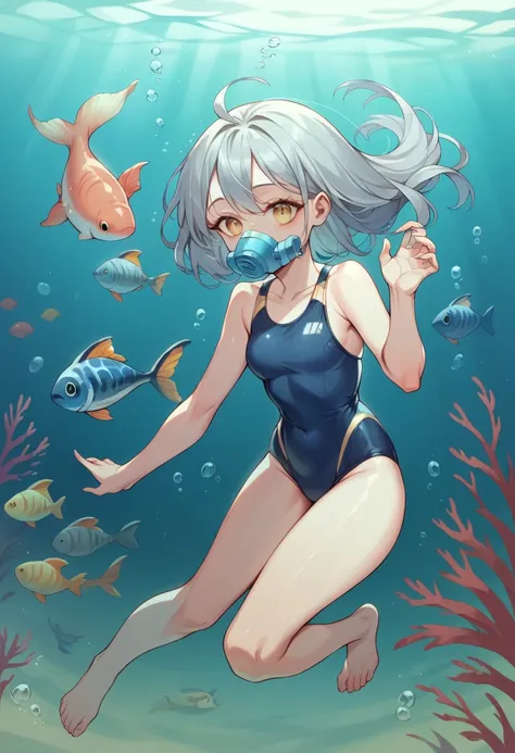 masterpiece, high quality, women, long gray hair, gold eyes, small swimsuit, blue, with artificial respirators on the back, swim...