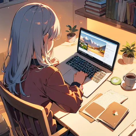 A person sitting at a desk, working on a laptop. The desk has a cup of coffee, some books, and a potted plant. The background is a cozy home office with warm lighting.