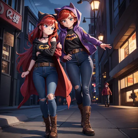 I want you to make an illustration in Disney 2D animation style.  The character is a young teenager of approximately 18 years old.  She has red hair that reaches below her shoulders and is wearing an open purple jacket with a hood on her head and underneat...