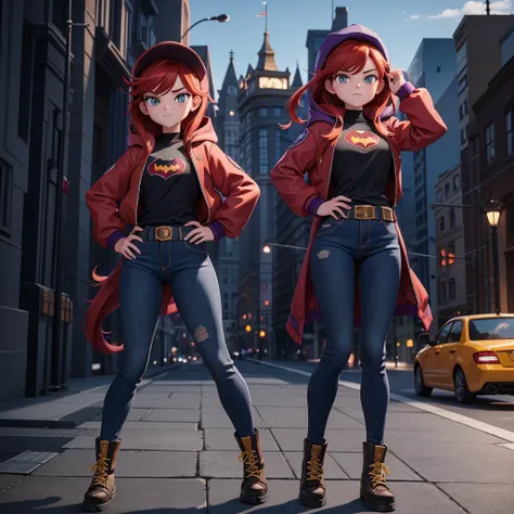 I want you to make an illustration in Disney 2D animation style.  The character is a young teenager of approximately 18 years old.  She has red hair that reaches below her shoulders and is wearing an open purple jacket with a hood on her head and underneat...