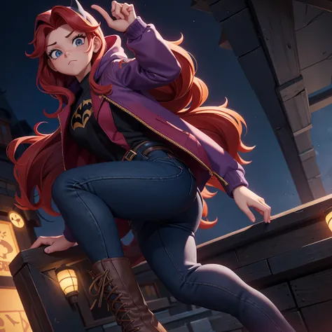 I want you to make an illustration in Disney 2D animation style.  The character is a young teenager of approximately 18 years old.  She has red hair that reaches below her shoulders and is wearing an open purple jacket with a hood on her head and underneat...