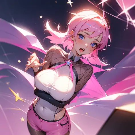 A girl of around 19 years old with short pink hair down to her neck and a star on her cheek., a shirt covering only her large breasts and very short pants with transparent mesh stockings, with an open mouth full of saliva and a background of pink light