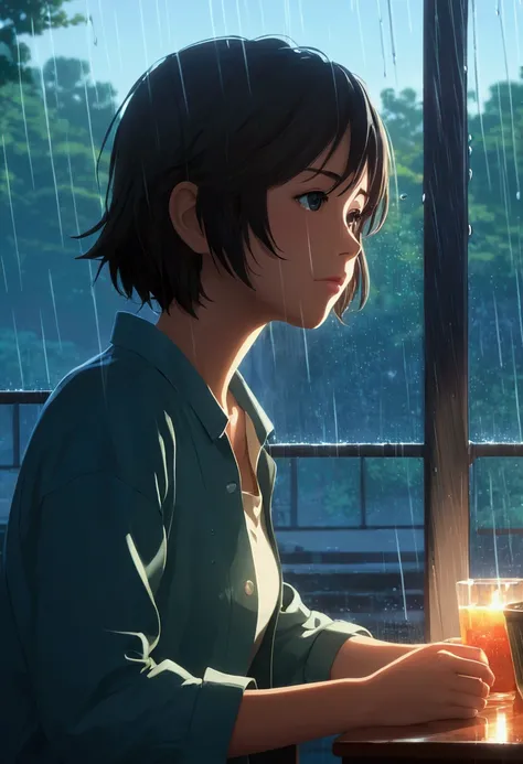 Anime girl sitting at a table in the rain, reflection. by Makoto Shinkai, dark. by Makoto Shinkai, Lo-fi Girl, Gweiz-style artwork, Portrait of Rofi, Digital Art Ilya Kuvshinov, Anime Art 1344X768,4K, アニメアート 4K, ( ( makoto shinkai ) )