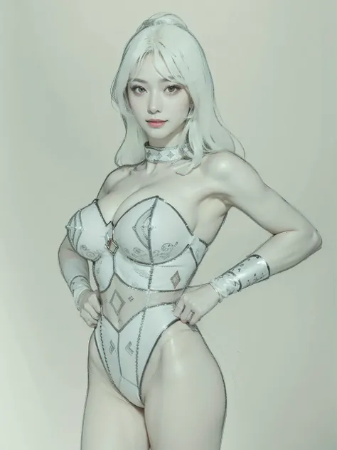 Super heroine, super lady, around 25 years old, pure white leotard, sexy Wonder Woman style bustier, leotard battle suit, pre-battle pose, standing, full body, unparalleled beauty, grace, refined, pure, innocent, adorable, cute, refreshing, smiling, pure, ...