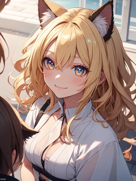 hair over shoulder, wavy hair, hair strand, shiny hair, blonde hair, eye reflection, glowing eyes, slit pupils, amber eyes, cat ears, smile, blush, glint, happy, anime, anime style, En plein air, high detail, cinematic lighting, ray tracing, reflection lig...