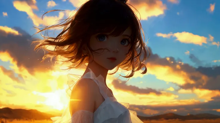 girl in white dress with open arms and looking at the camera in a landscape with clear sky