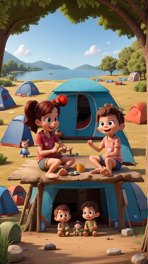 cartoon sibling parents with 2 toddlers are camping activity in lake