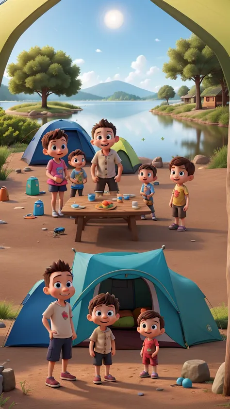 cartoon sibling parents with 2 toddlers are camping activity in lake