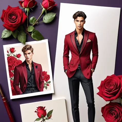 candid fashion illustration of young Mixed race 2man, both aged 18-23 year old, ((showcase fashion look book)), the design inspired by the price rose from David Austin Rose, Depict Lucifer as a charismatic and sophisticated figure dressed in a casual yet e...