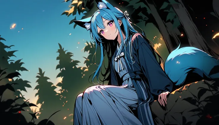 (good job:1 woman, fox ears, fox tail, 하늘색 fox ears, 하늘색 fox tail,hair down to the middle of the back, light blue hair, He wears a white ribbon in his hair., pink eyes, Sky blue hanbok, sitting on a rock in the forest, low angle