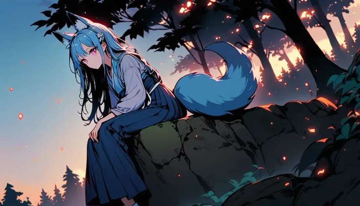 (good job:1 woman, fox ears, fox tail, 하늘색 fox ears, 하늘색 fox tail,hair down to the middle of the back, light blue hair, He wears a white ribbon in his hair., pink eyes, Sky blue hanbok, sitting on a rock in the forest, low angle