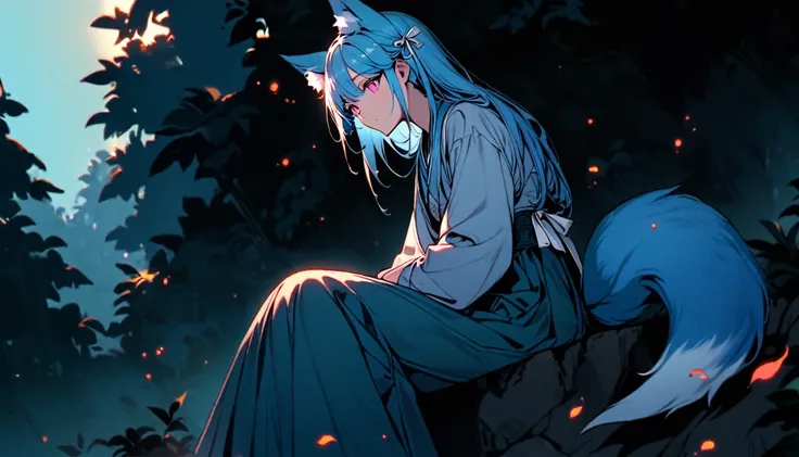 (good job:1 woman, fox ears, fox tail, 하늘색 fox ears, 하늘색 fox tail,hair down to the middle of the back, light blue hair, He wears a white ribbon in his hair., pink eyes, Sky blue hanbok, sitting on a rock in the forest, low angle