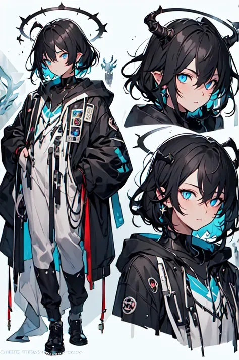 masterpiece, highest quality, highest resolution, clear_image, photo realistic, detailed details, black hair, bangs, scruffy hair, blue demon horn, 1 teen boy, sky blue eyes, black hoodie, Blue futuristic halo, beautiful, upper body, no water marks, labora...