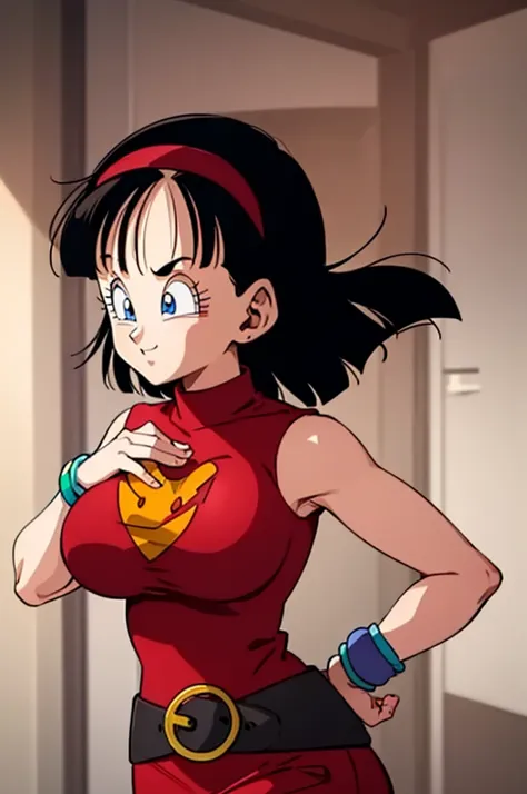 ultra detailed, masterpiece, best quality, solo, soft smile, light smile, videl, dragon ball,
hairband, short hair, red hairband...