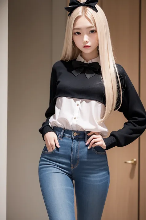  15 years old , sexy tall long straight blonde hair , pink wool blouse with black bows , korean, Caucasian skin , jeans , black heels