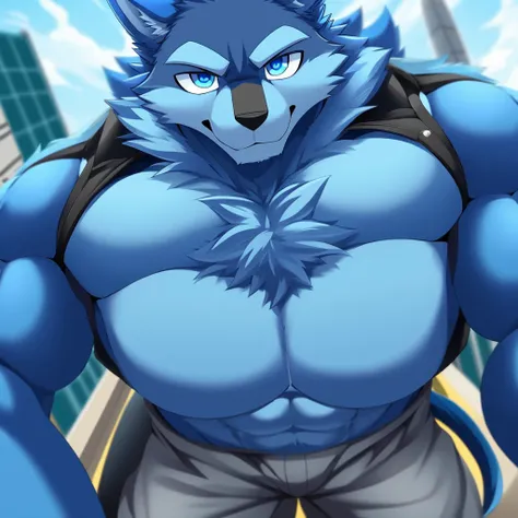 bynamic angle,depth of field, motion blur, absurdres,looking at viewer, (best quality), (masterpiece), (ultra detailed),(detailed eyes),sharp focus,manga,anthro male Blue Wolf,(muscular),Huge body chest ,sky blue eyes,handsome jacketblue technology city gr...