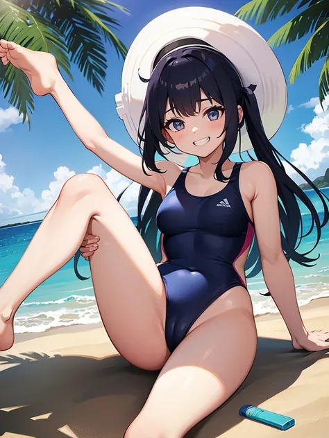 A girl in a swimsuit grinning with her legs spread