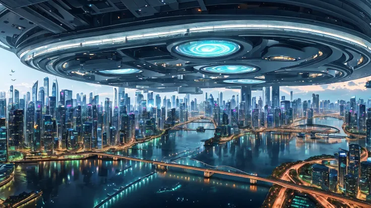 (Best quality,4K,8K,A high resolution,Masterpiece:1.2),Ultra-detailed,(Realistic,Photorealistic,photo-realistic:1.37),Futuristic floating city,Futuristic technology,Huge urban high-tech tablet platform,Airship,Floating in the sky,Futuristic city,Small airs...