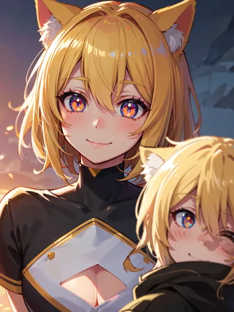 hair over shoulder, wavy hair, hair strand, shiny hair, blonde hair, eye reflection, glowing eyes, slit pupils, amber eyes, cat ears, smile, blush, glint, happy, anime, anime style, En plein air, high detail, cinematic lighting, ray tracing, reflection lig...