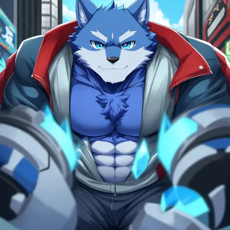 bynamic angle,depth of field, motion blur, absurdres,looking at viewer, (best quality), (masterpiece), (ultra detailed),(detailed eyes),sharp focus,manga,anthro male Blue Wolf,(muscular),Huge body chest , own pet kitty ,sky blue eyes,handsome jacket blue t...