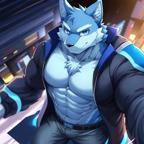 bynamic angle,depth of field, motion blur, absurdres,looking at viewer, (best quality), (masterpiece), (ultra detailed),(detailed eyes),sharp focus,manga,anthro male Blue Wolf,(muscular),Huge body chest , own pet kitty ,sky blue eyes,handsome jacket blue t...