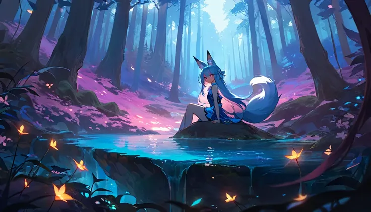 (good job:1 woman, fox ears, fox tail, 하늘색 fox ears, 하늘색 fox tail,hair down to the middle of the back, light blue hair, He wears a white ribbon in his hair., pink eyes, Sky blue hanbok, sitting on a rock in the forest, High Angle