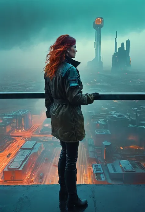 abstract colors, texture, Film Grain, Skin pores:0.Standing on a balcony overlooking a futuristic landscape、One complex and dramatic portrait of a beautiful, windswept sci-fi scientist (Solarpunk)1.2 Cities, Foggy Morning, Movie stills, Blade Runner 2049, ...