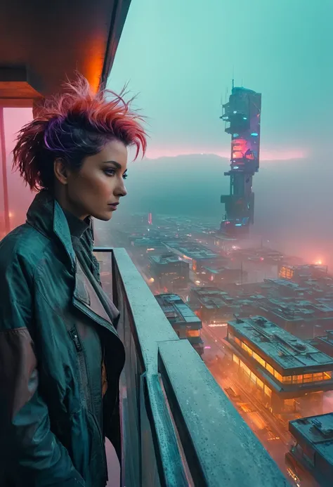 abstract colors, texture, Film Grain, Skin pores:0.Standing on a balcony overlooking a futuristic landscape、One complex and dramatic portrait of a beautiful, windswept sci-fi scientist (Solarpunk)1.2 Cities, Foggy Morning, Movie stills, Blade Runner 2049, ...