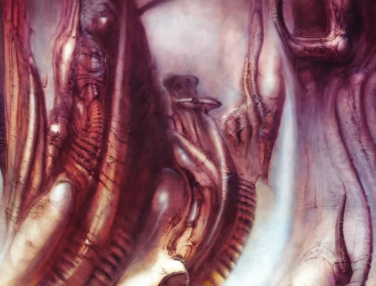 g1g3r, Giger_style, The image is a detailed view of H.R. Gigers " Li II " plate, featuring a complex network of bones and organs in a purple-brown hue ,swirling gray and brown colorsgroup of three alien figures positioned in the foreground.  Emaciated and ...