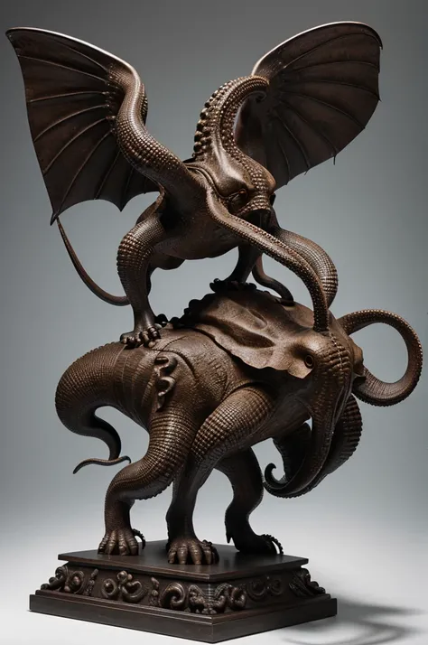 Statue of a Monster of vaguely anthropoid shape but with the head of an octopus whose face was a mass of tentacles with a scaly and leathery body, prodigious claws on the hind and front legs and long, narrow wings on the back, of somewhat swollen corpulenc...