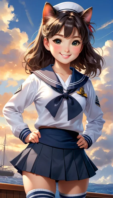 Realistic portrait of clothed animals - ( (Tortoiseshell cat) student,(Furry),(Graceful pose:1.5),(Hands on hips:1.5),(Smiling:1.5),High quality,(),(Adorable),Exquisite detail,Wearing Japanese sailor uniform,(),Highly detailed ((Female sailor uniform)),Hig...