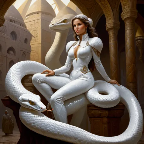 A full body portrait of a glossy white glass snake, exotic voronoi features, robotic enhancements, desaturated, Tim Hildebrandt, Wayne Barlowe, Bruce Pennington, Donato Giancola and Larry Elmore style, oil on canvas, masterpiece, trending on artstation, fe...