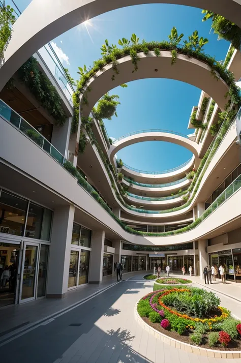 U-shaped shopping center seen from inside in the center with roofless gardens and with sustainable architecture and high tech style