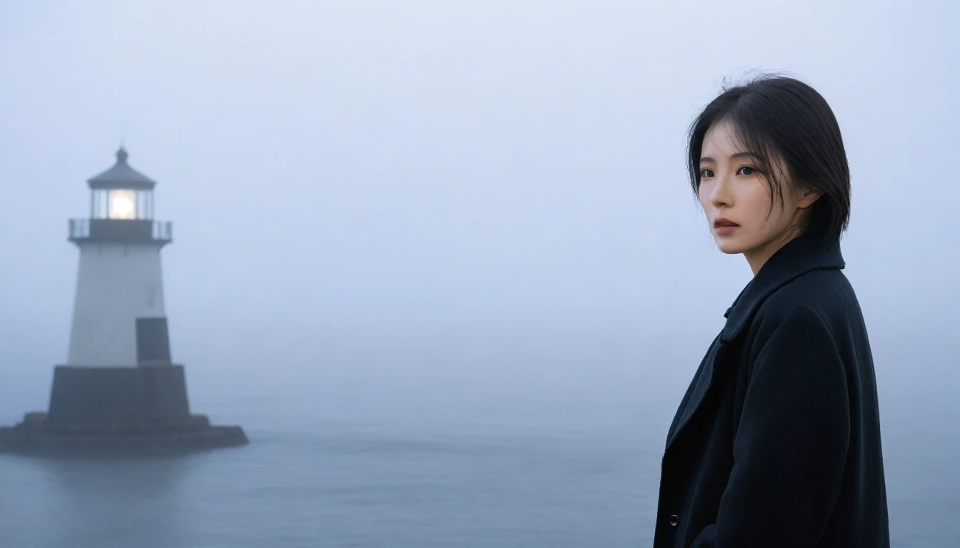 1 36-year-old Korean woman, Short hair, black coat, alone, rain, Fog, cold, boring, , pier, Only, A lighthouse faintly visible in the distance, Coast, The dim light shines in the Fog,and the figure stands in the Fog holding ,drizzling, (명암대rain, cinematic ...