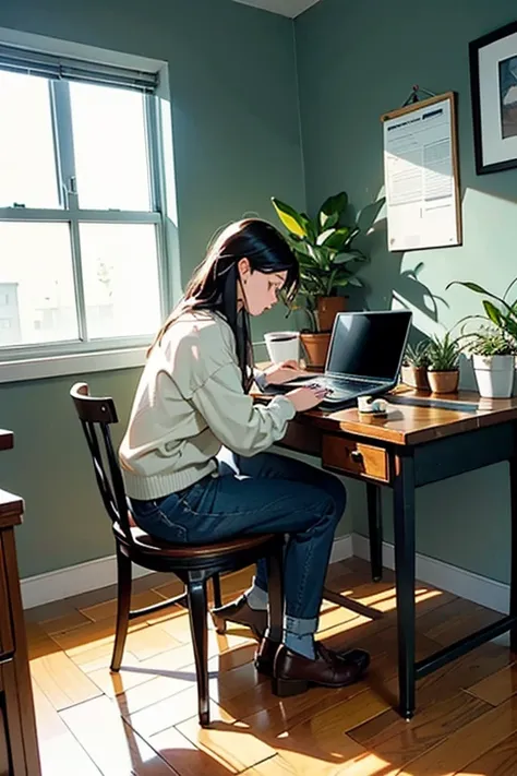 a person sitting at a desk, working on a laptop. the desk has a cup of coffee, some books, and a potted plant. the background is...