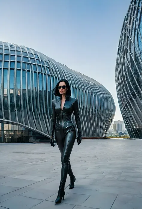 image of actress charlize theron dressed as aeon flux, linda, walking between the rounded buildings of an ultrafuturistic megalo...