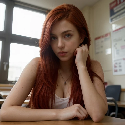 sitting at a table with red hair, sexy photo of a pretty young sexy woman with bright red tousled hair, a bit like scarlett joha...