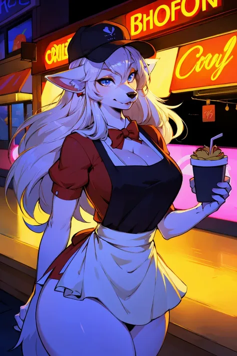 furry_girl,mature female,lovely,wolf_girl,fast food worker,the graceful figure,height 193 cm,model figure_type,detailed_eye,silv...