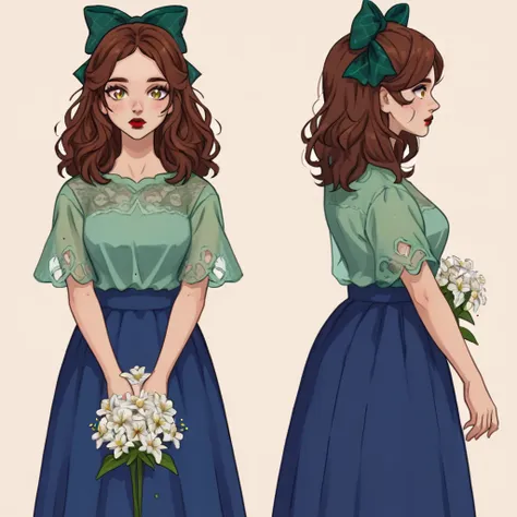 1woman, facing viewer, long messy brown hair, large blue hair bow, gold eyes, long blue skirt, green lace shirt, red lips, holding flowers, multiple views