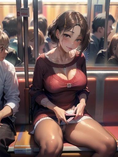 ((The mature woman is wearing a bright red knitted dress.:1.5)))(())((From an angle where you can see the whole body)))(((Sitting in a seat on a crowded train:1.8))))((With legs spread in an M-shape:1.5)))、((Her black panties are completely visible))、((Shy...