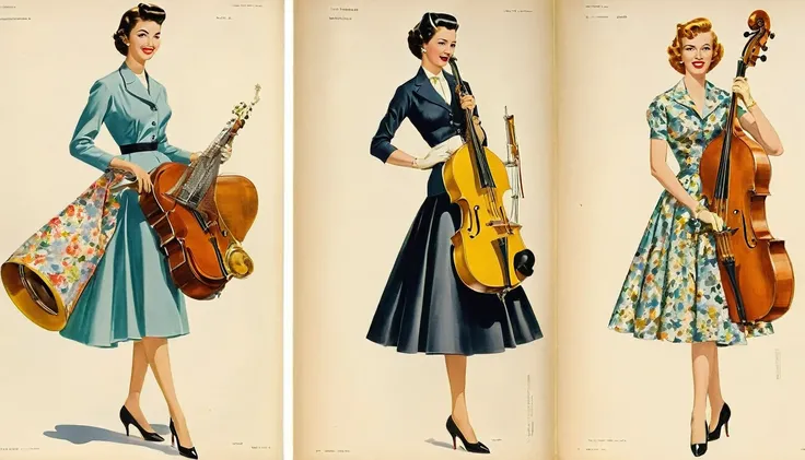 woman３peopleのジャズバンド部屋で演奏している、womanは美peopleで色っぽい、1950s、Design drawings from the 50s、Each has an instrument、woman３people、